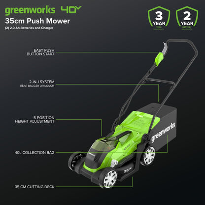 40V Cordless Lawn Mower, 35cm Cutting Width, 2×2Ah Batteries, Charger, 40L Grass Bag, 5 Cutting Heights – view 2