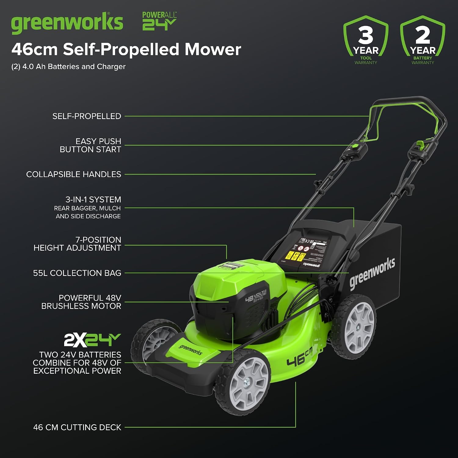 48V Cordless Self-Propelled Lawn Mower with 46cm Cutting Width, 55L Grass Bag, 2 x 4Ah Batteries – view 2