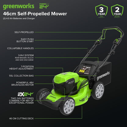 48V Cordless Self-Propelled Lawn Mower with 46cm Cutting Width, 55L Grass Bag, 2 x 4Ah Batteries – view 2