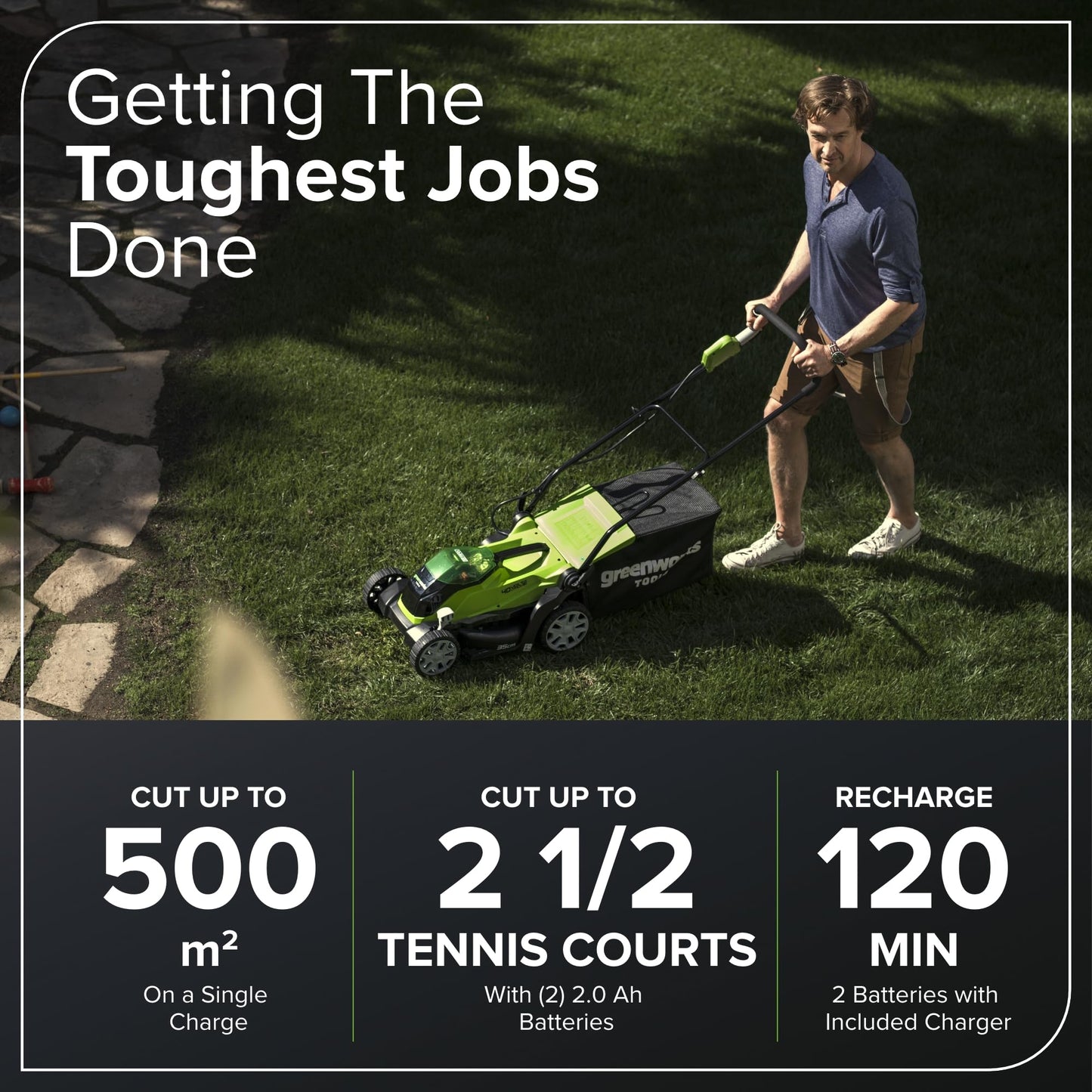40V Cordless Lawn Mower, 35cm Cutting Width, 2×2Ah Batteries, Charger, 40L Grass Bag, 5 Cutting Heights – view 3