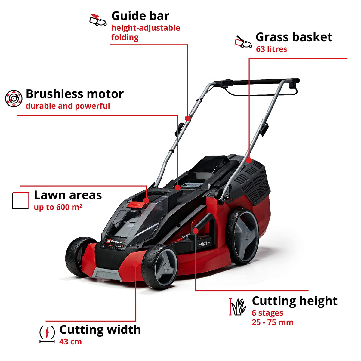36V Cordless Brushless Lawn Mower, 43cm Cutting Width, 2×4Ah Batteries, 2 Fast Chargers, 63L Grass Bag – view 3