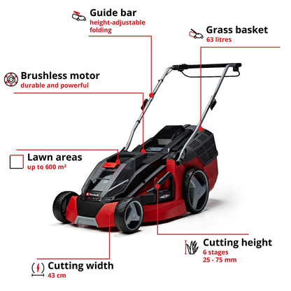 36V Cordless Brushless Lawn Mower, 43cm Cutting Width, 2×4Ah Batteries, 2 Fast Chargers, 63L Grass Bag – view 3