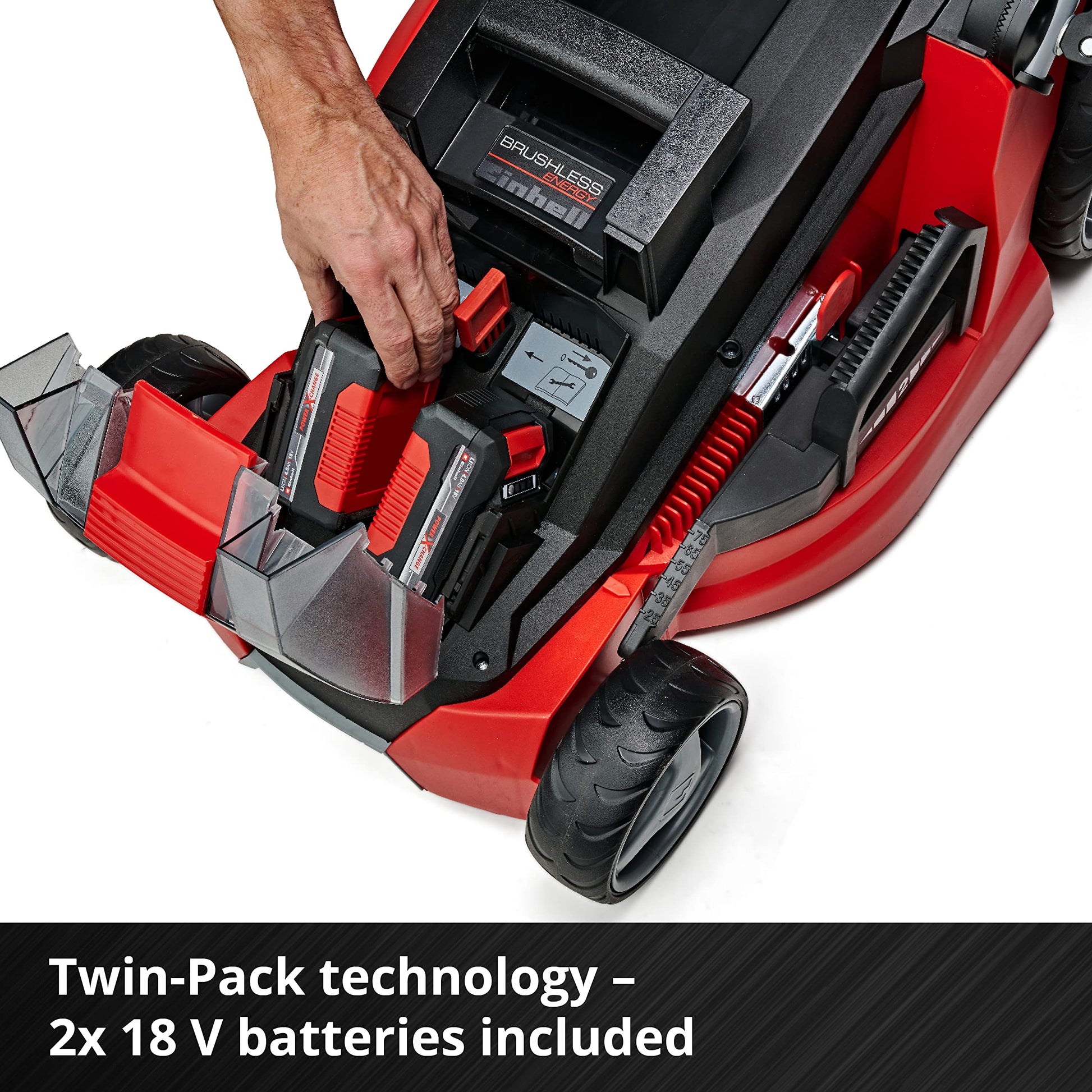 36V Cordless Brushless Lawn Mower, 43cm Cutting Width, 2×4Ah Batteries, 2 Fast Chargers, 63L Grass Bag – view 12