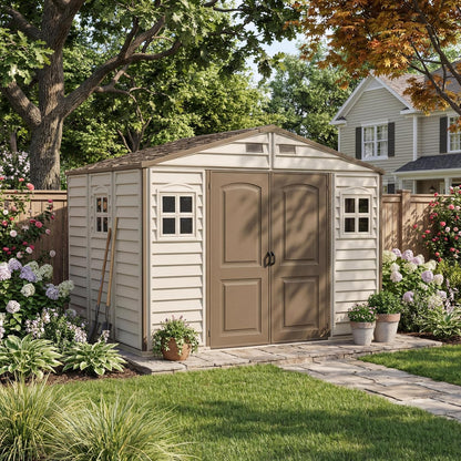 10 x 8 ft Outdoor Plastic Garden Storage Shed with Double Doors, Windows & Metal Foundation Kit – view 3