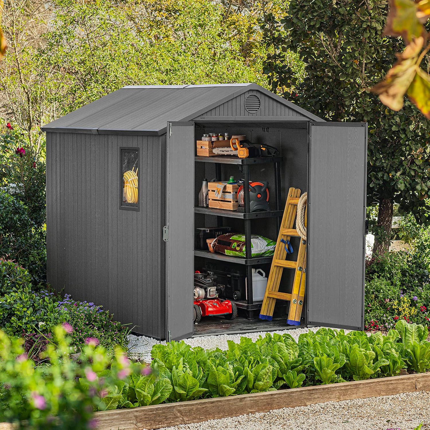 6 x 8 ft Outdoor Garden Storage Shed with Double Doors, Window & Heavy-Duty Floor Panel – view 2