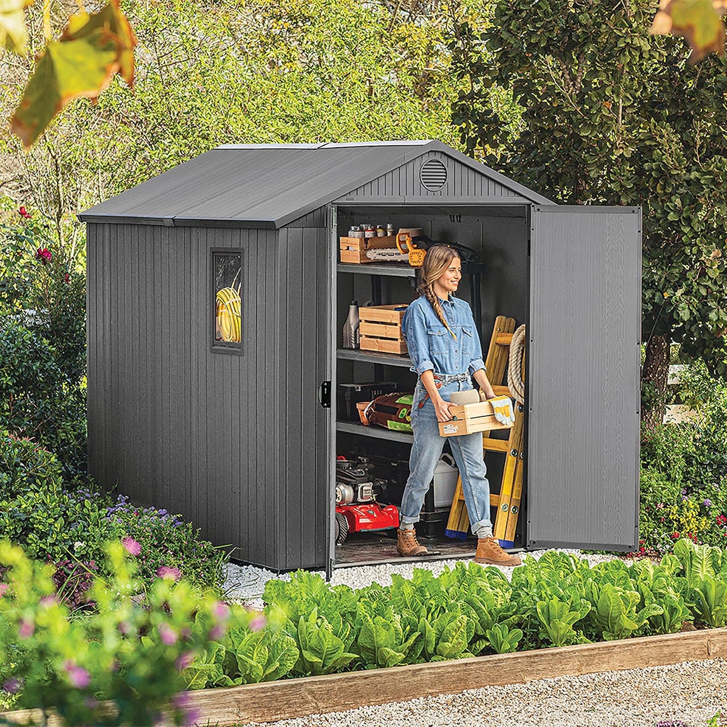 6 x 8 ft Outdoor Garden Storage Shed with Double Doors, Window & Heavy-Duty Floor Panel – view 9